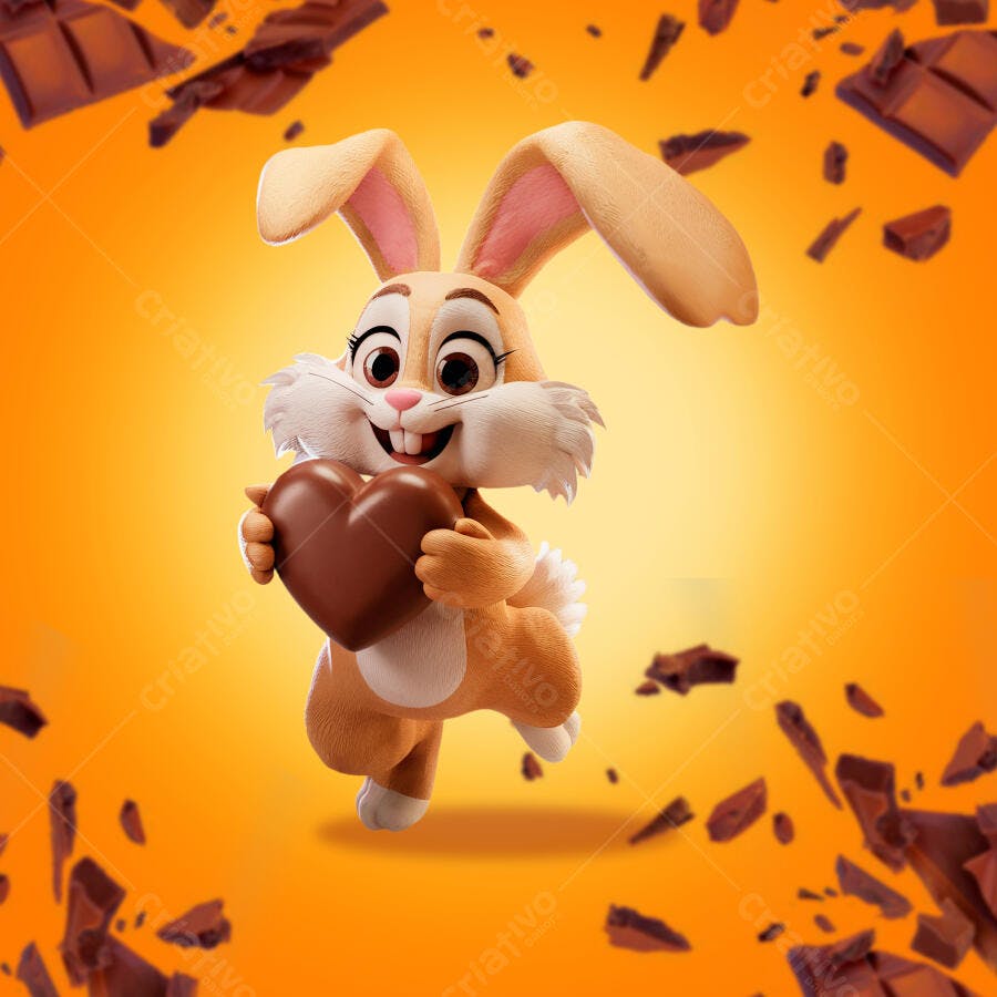 Flyer Páscoa Coelho Segurando Coração Chocolate PSD Editável
