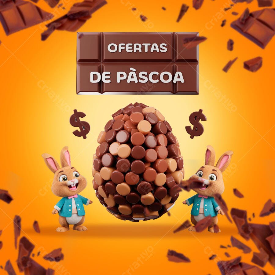 Flyer Páscoa com coelhos e ovo de chocolate PSD Editável