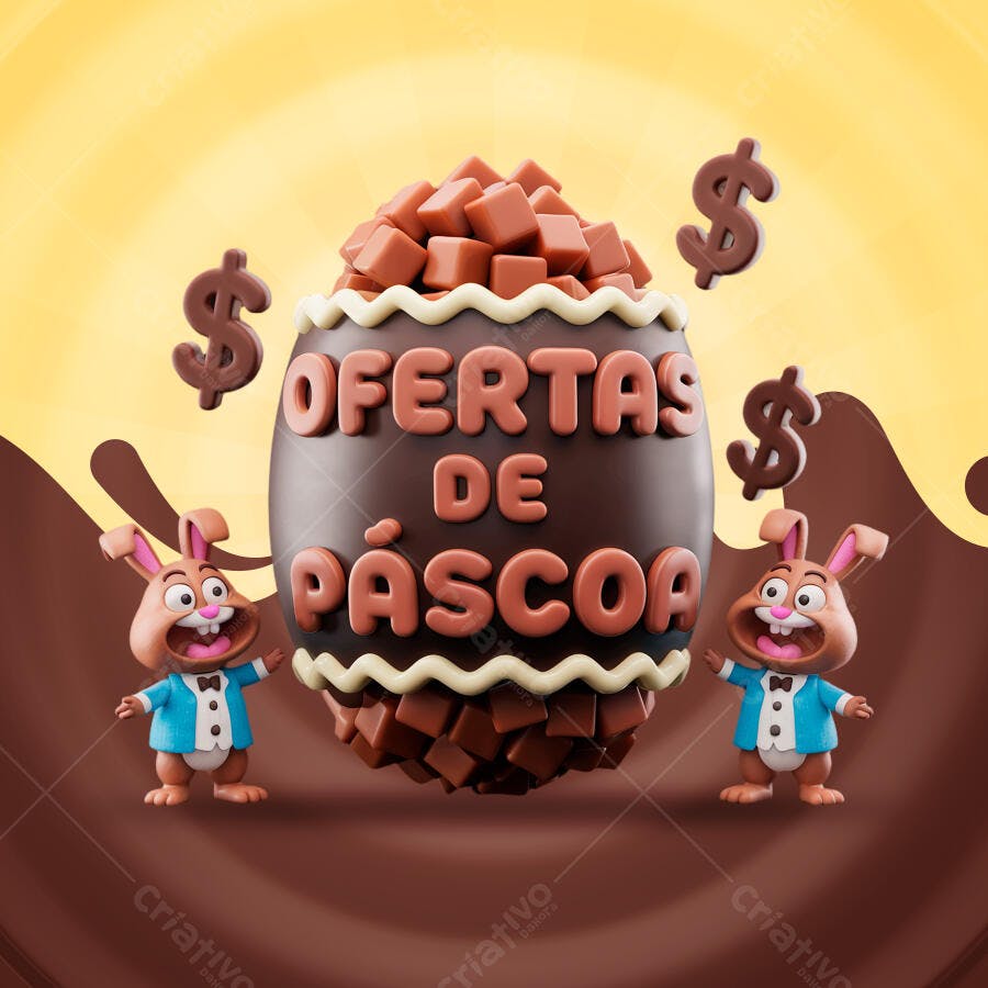 Flyer Páscoa com Coelho 3D PSD Editável