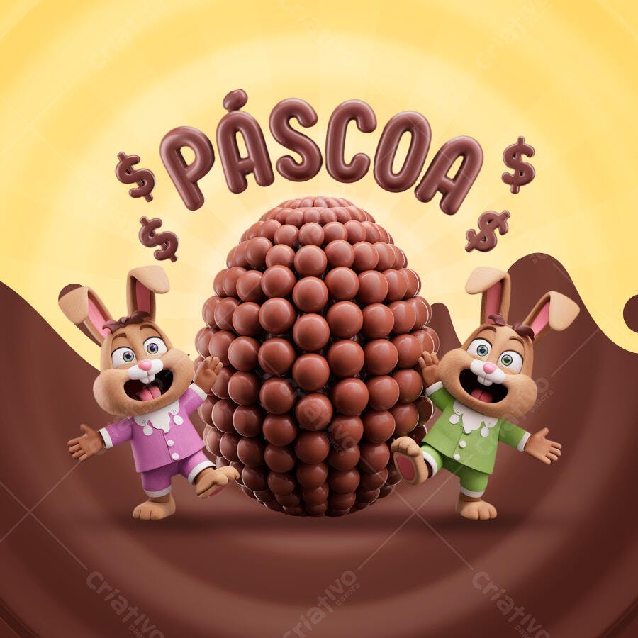 Flyer Páscoa com coelhos e ovo de chocolate PSD Editável