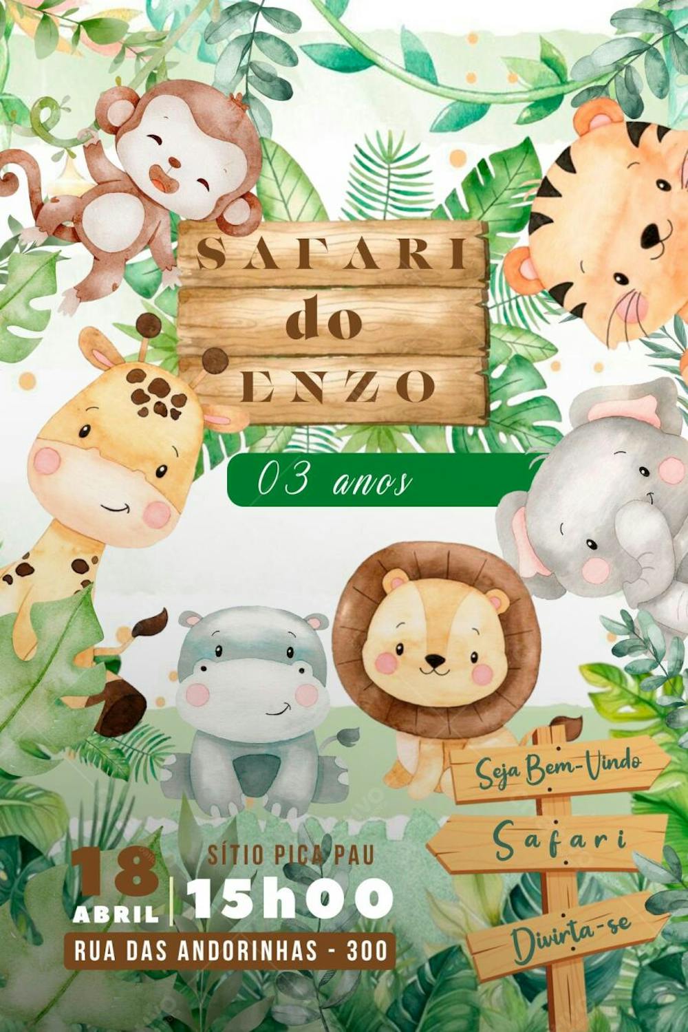 Convite de Aniversário Infantil de Desenho Animais de Safari Editável no Canva