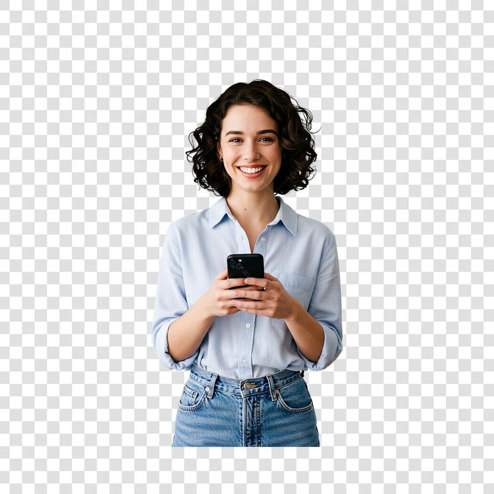 Uma jovem caucasiana de cabelos curtos e cacheados e castanhos em pé  sorri calorosamente enquanto segura um smartphone