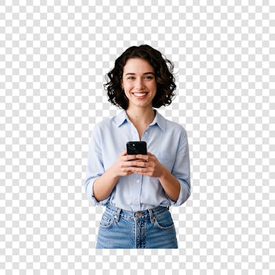 Uma jovem caucasiana de cabelos curtos e cacheados e castanhos em pé  sorri calorosamente enquanto segura um smartphone
