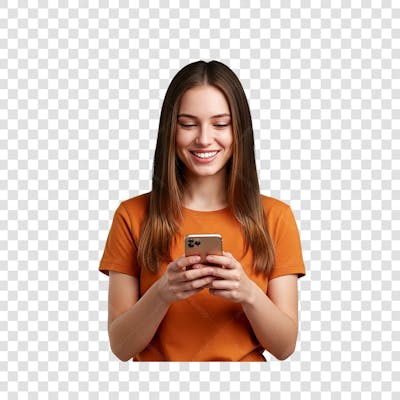 Uma mulher caucasiana de cabelos longos e lisos e castanhos sorri enquanto segura um smartphone