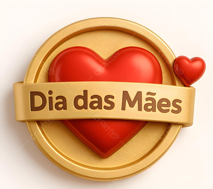 Dia das Mães em medalha dourada com corações vermelhos