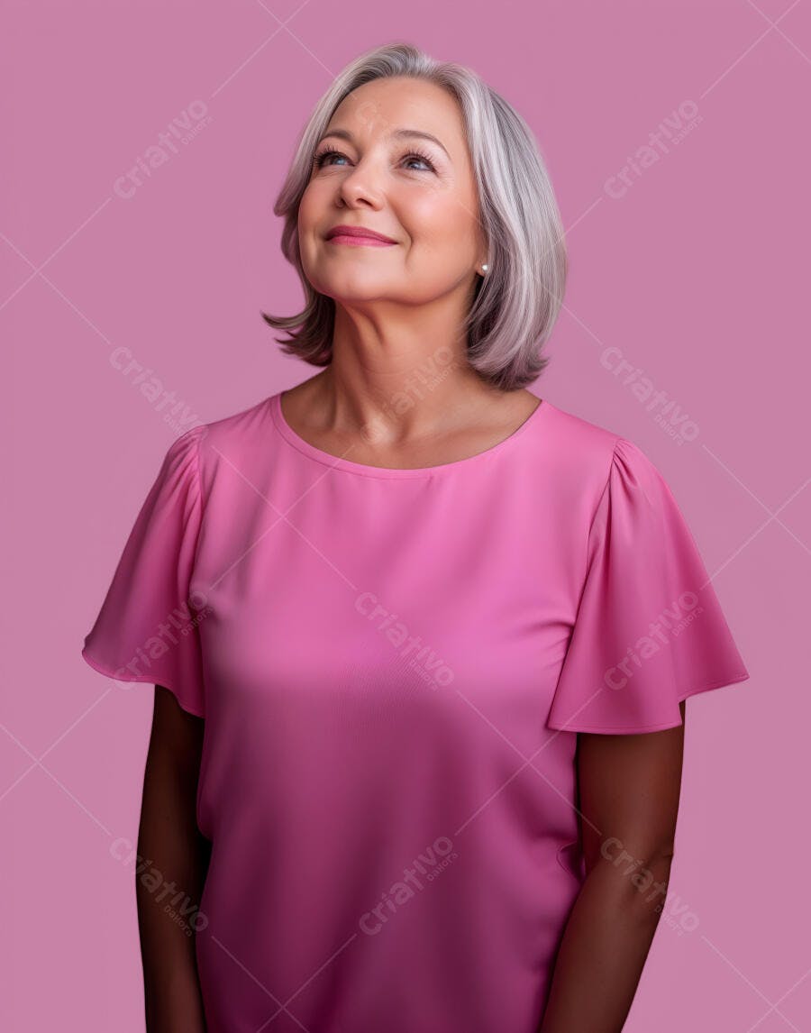 Mulher madura olhando para cima fundo rosa