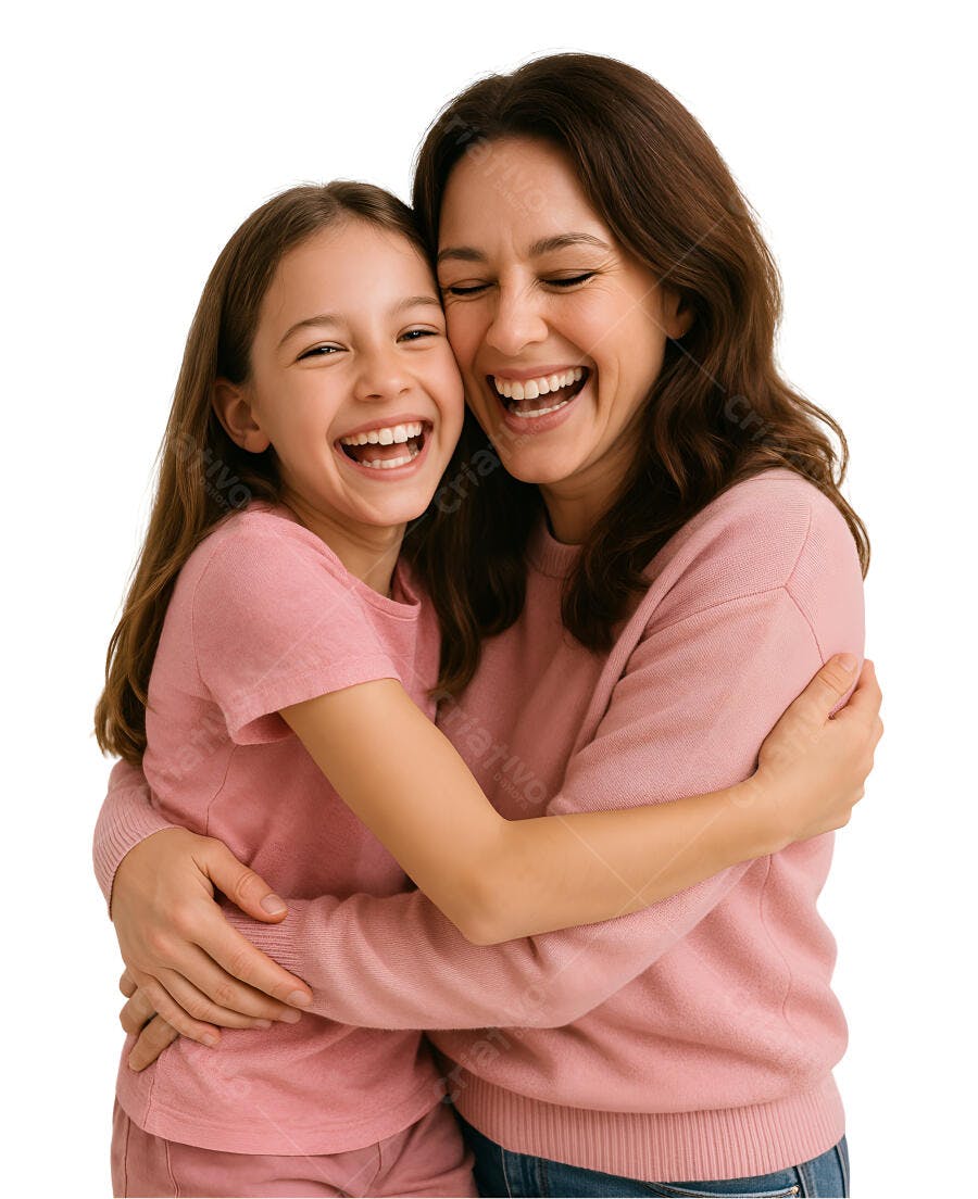 Mãe e filha sorrindo abraçadas em tons rosa