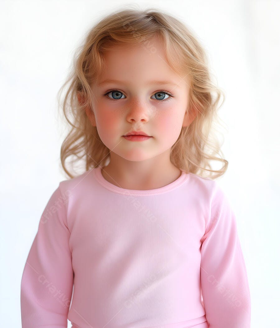 Menina loira com olhos azuis usando roupa rosa