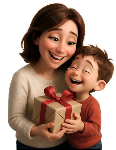 Mãe com o filho estilo pixar da disney com um presente (1)