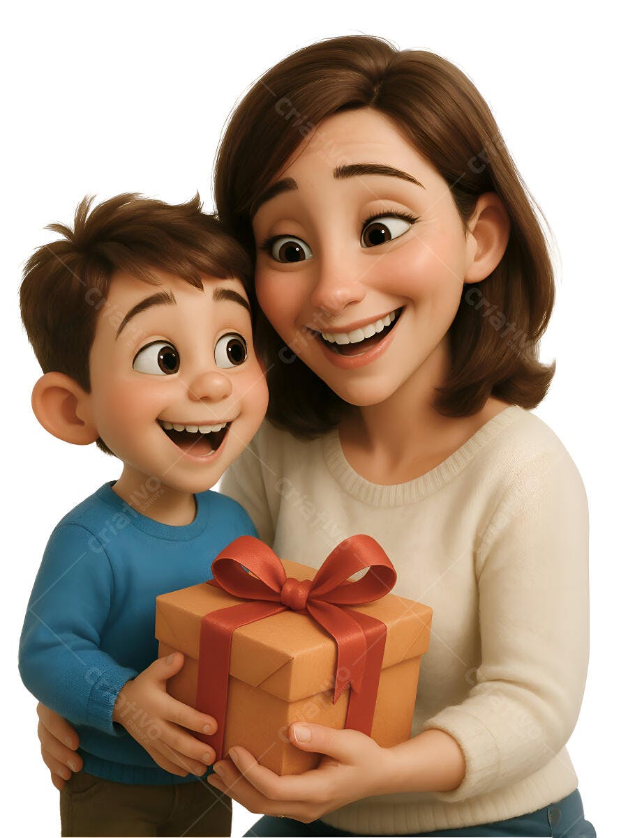 Mãe e filho sorrindo com presente laranja
