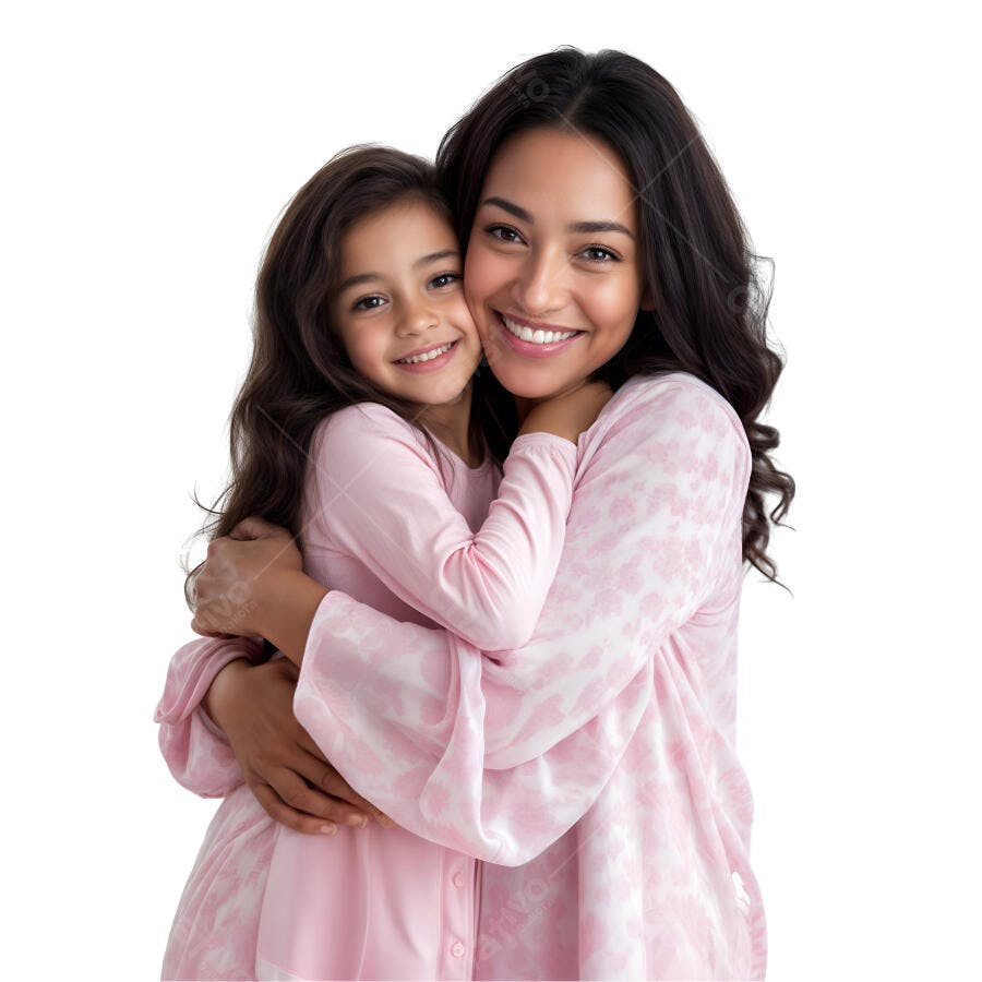 Mãe e filha abraçadas em tons rosa
