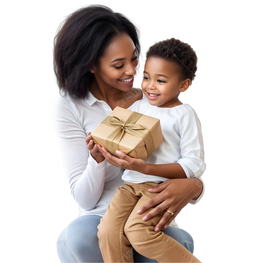 Mãe e filho com presente dourado