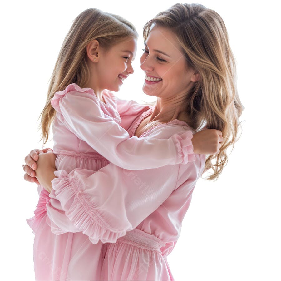 Mãe abraçando filha em vestido rosa claro