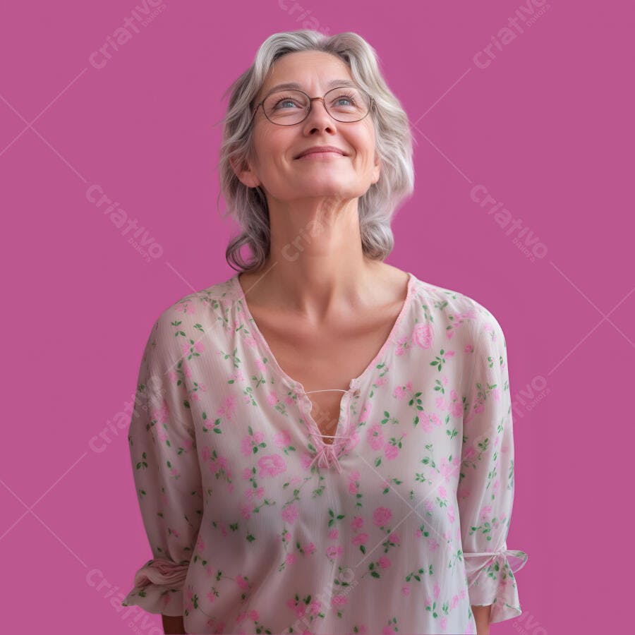 Mulher madura feliz olhando para cima fundo rosa
