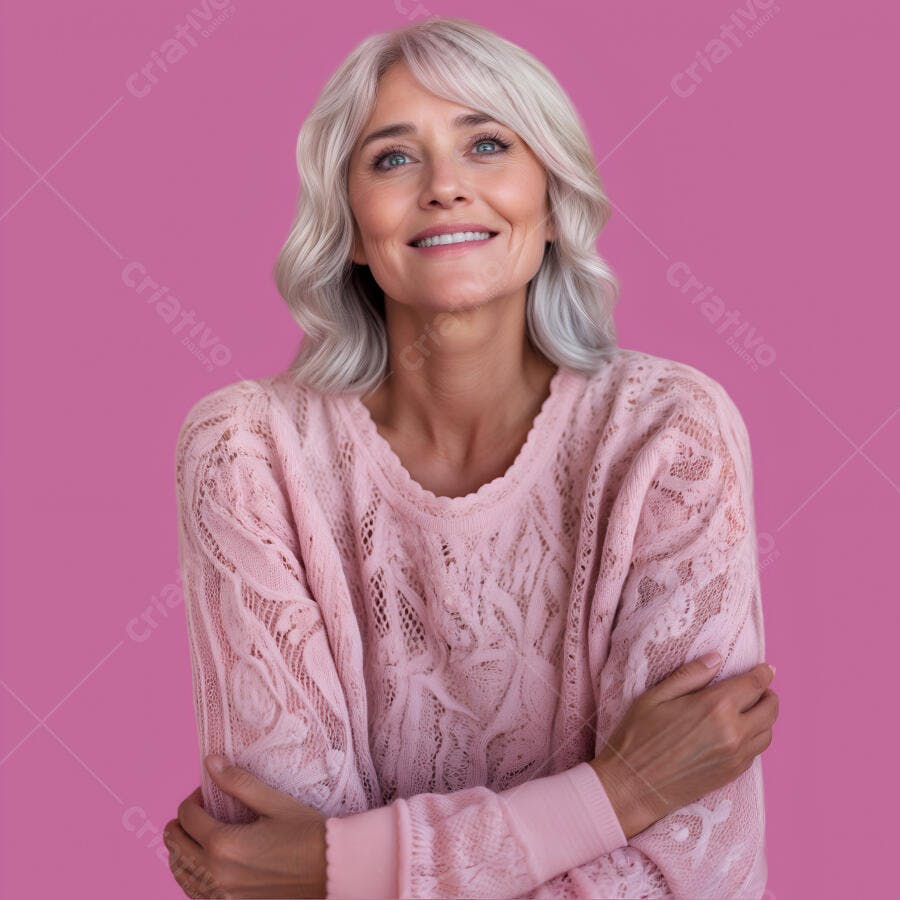 Mulher madura sorridente usando suéter rosa