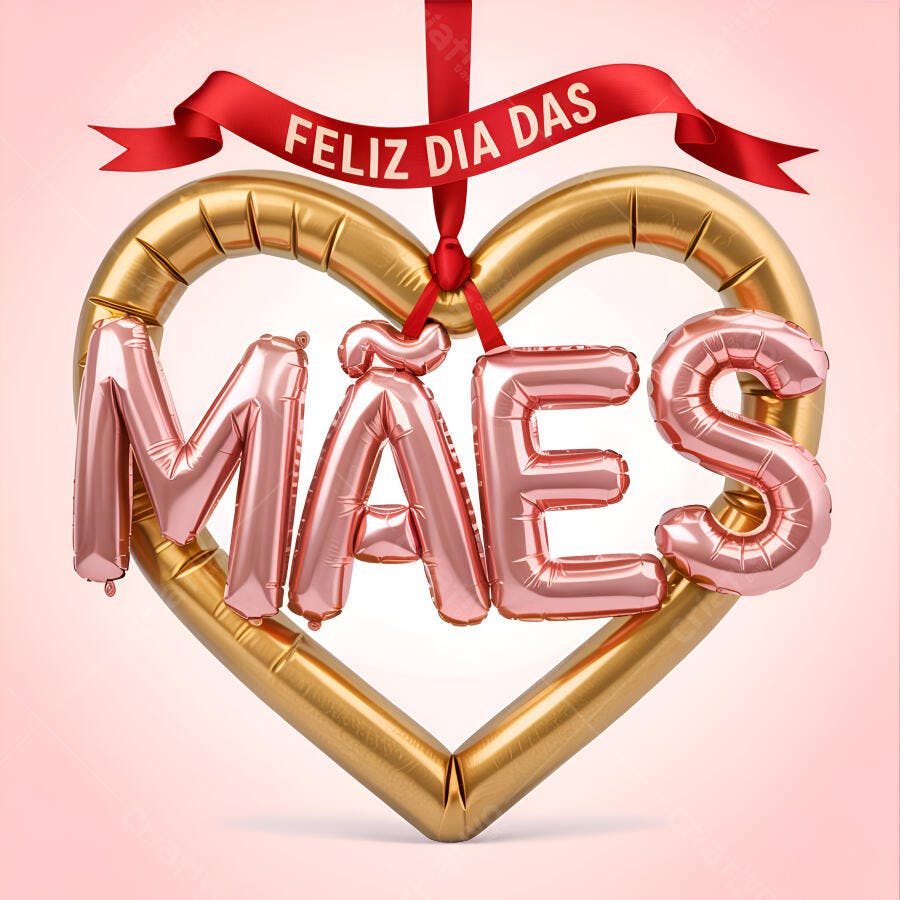 Balões de Mães em coração dourado Dia das Mães