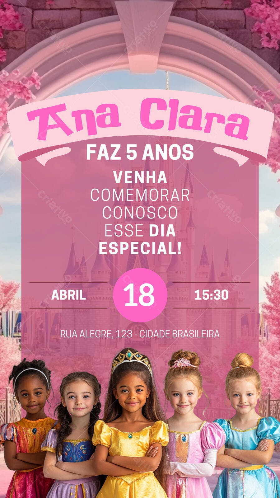Convite Aniversário Infantil Princesas Disney Rosa Editável no Canva