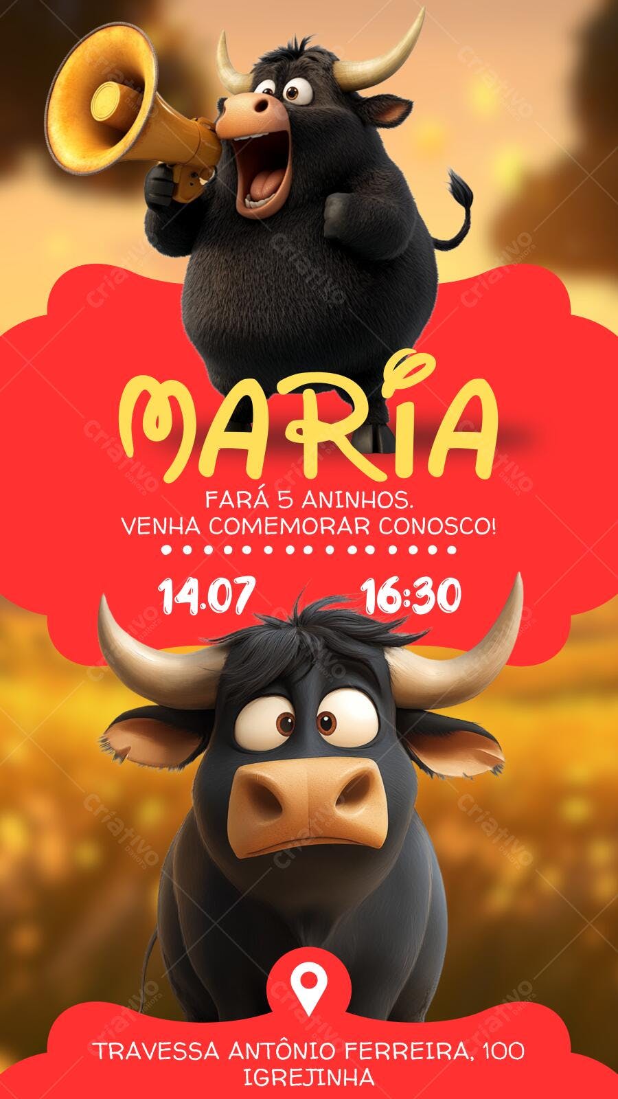 Convite de Aniversário Ferdinando o Touro Editável no Canva
