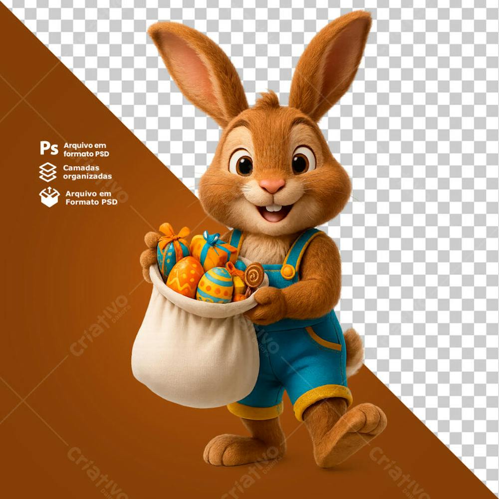 Coelho oferecendo saco aberto cheio de ovos e brindes Elemento 3D PNG