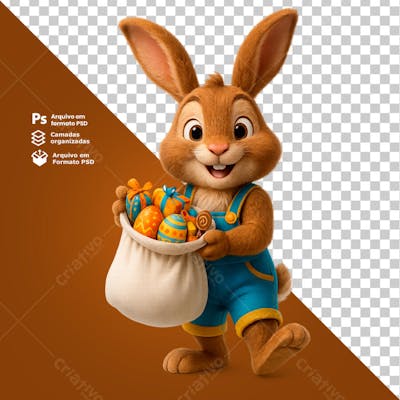 Coelho oferecendo saco aberto cheio de ovos e brindes Elemento 3D PNG
