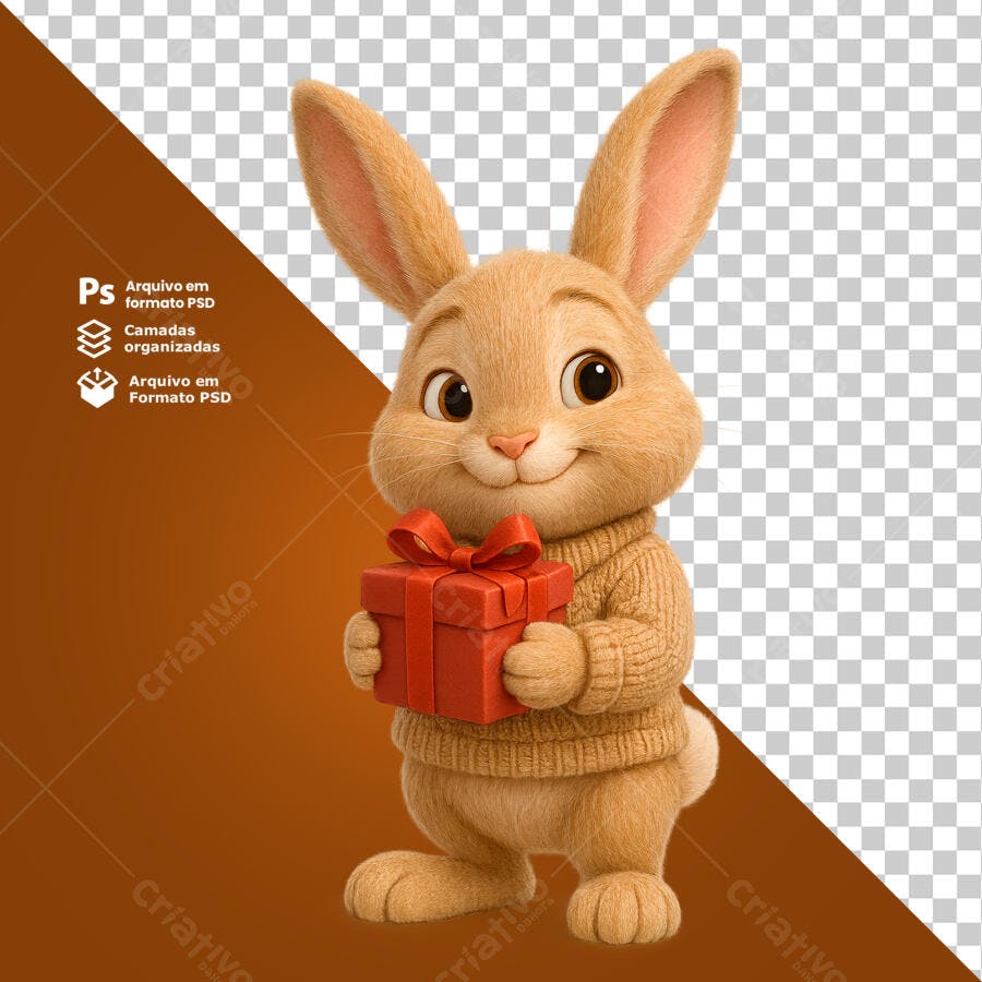 Ilustração Coelho com Presente Vermelho PSD Editável