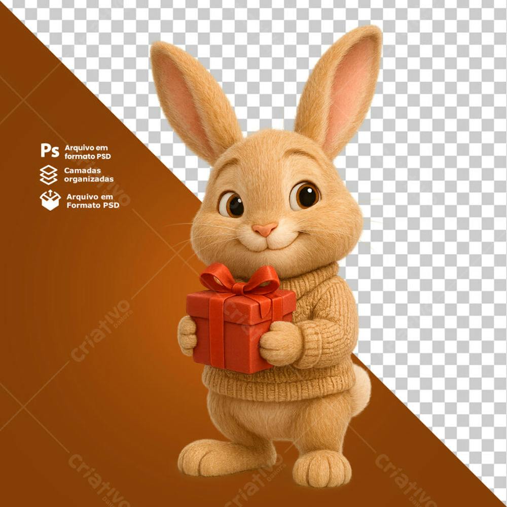 Coelho segurando presente com olhar carinhoso  composição 3D
