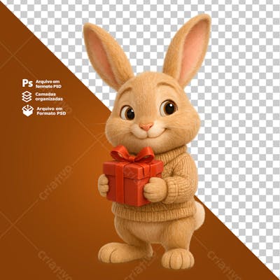 Coelho segurando presente com olhar carinhoso  composição 3D