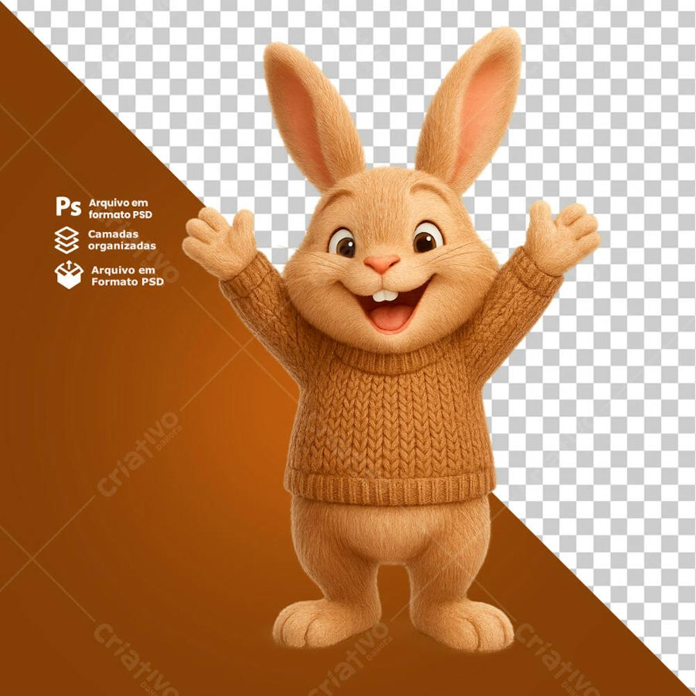 Coelho sorridente com os dois braços para cima composição 3D