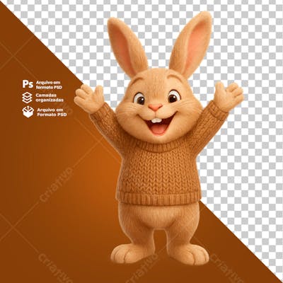Coelho sorridente com os dois braços para cima composição 3D