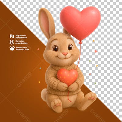 Coelho com balão e coração nas mãos em clima romântico composição 3D