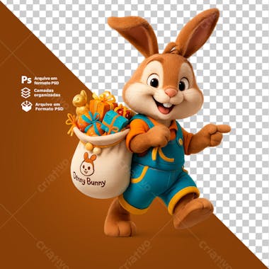 Coelho apontando para o lado com expressão animada Elemento 3D PNG