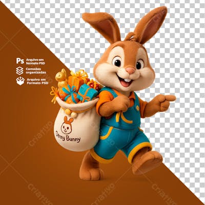 Coelho apontando para o lado com expressão animada Elemento 3D PNG