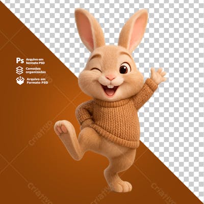 Coelho dançando com um olho fechado em gesto divertido composição 3D