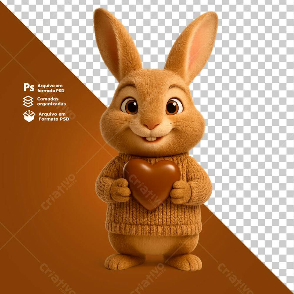 Coelho da Páscoa Clássico segurando coração de chocolate composição 3D