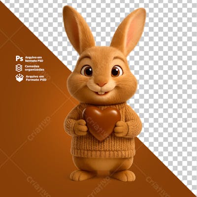 Coelho da Páscoa Clássico segurando coração de chocolate composição 3D