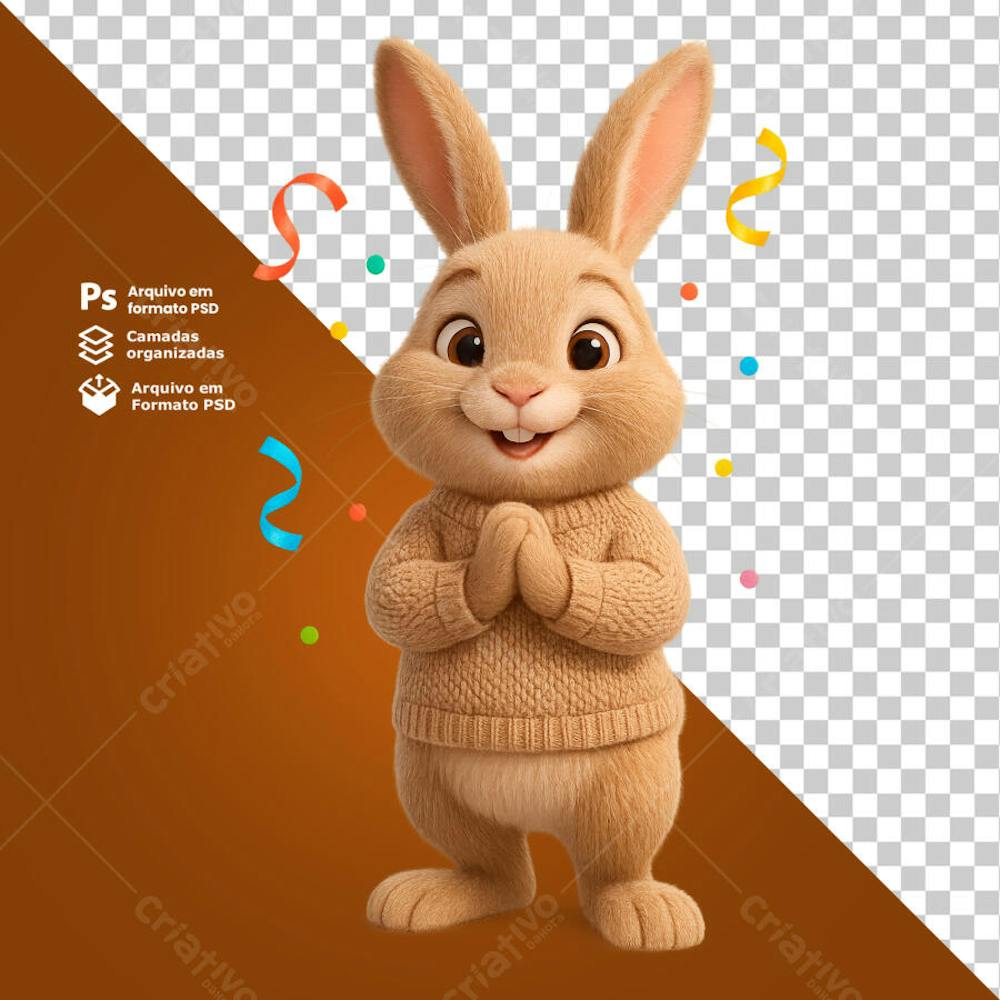 Coelho em posição de palmas com confetes ao fundo composição 3D