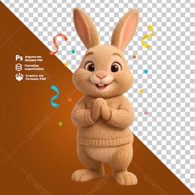 Coelho em posição de palmas com confetes ao fundo composição 3D