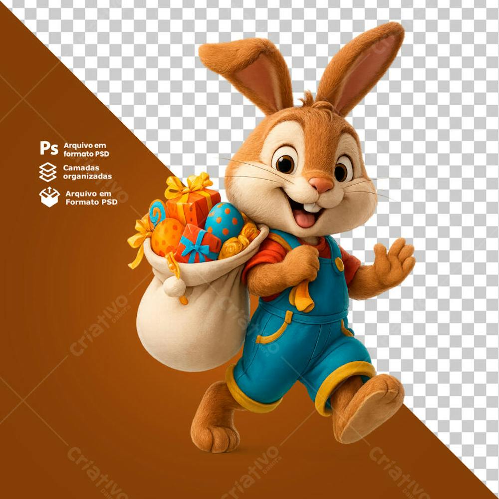 Coelho da Páscoa correndo com saco de presentes nas costas Elemento 3D PNG