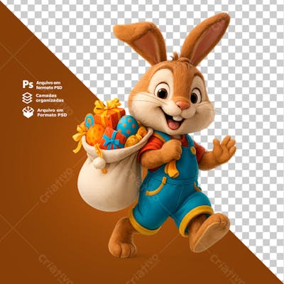 Coelho da Páscoa correndo com saco de presentes nas costas Elemento 3D PNG
