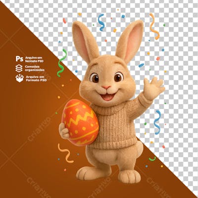 Coelho dando tchau com um ovo laranja na outra mão composição 3D