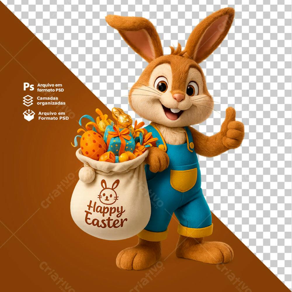 Coelho da Páscoa com gesto de joinha e sorriso comercial Elemento 3D PNG