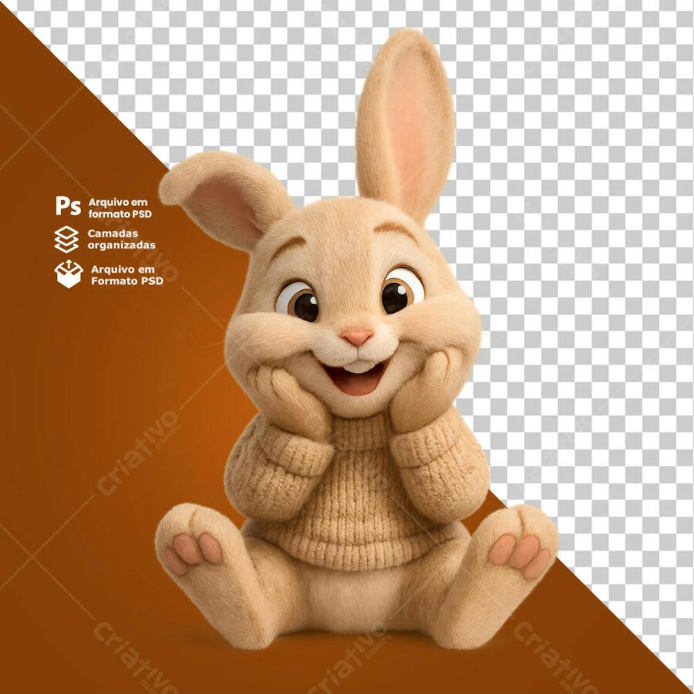 Coelho fazendo carinha de surpresa com as patas no rosto composição 3D