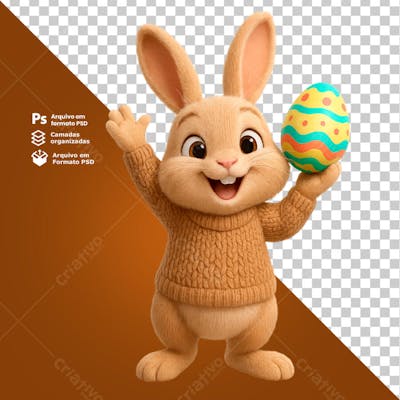 Coelho Feliz segurando um ovo de páscoa Elemento 3D