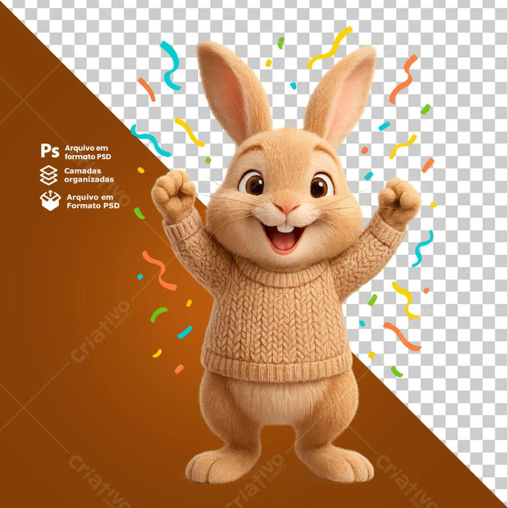 Coelho Feliz com as mão levantadas Elemento 3D