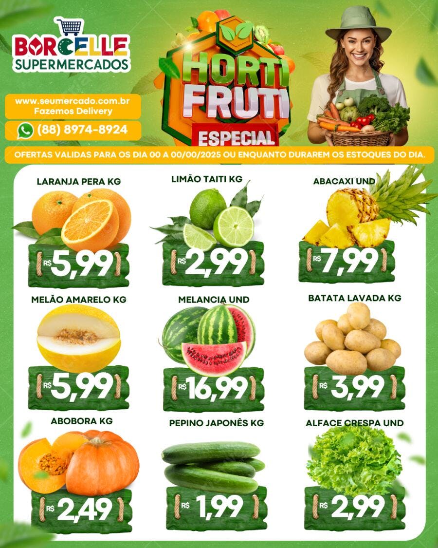 Flyer de ofertas de hortifruti com mulher sorrindo Editável no Canva