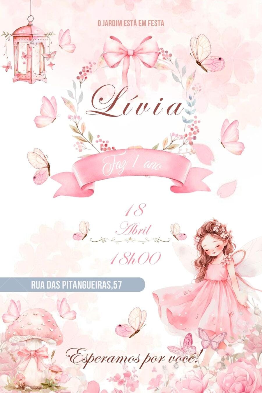 Convite de aniversário infantil Fada Rosa e Flores Editável no Canva