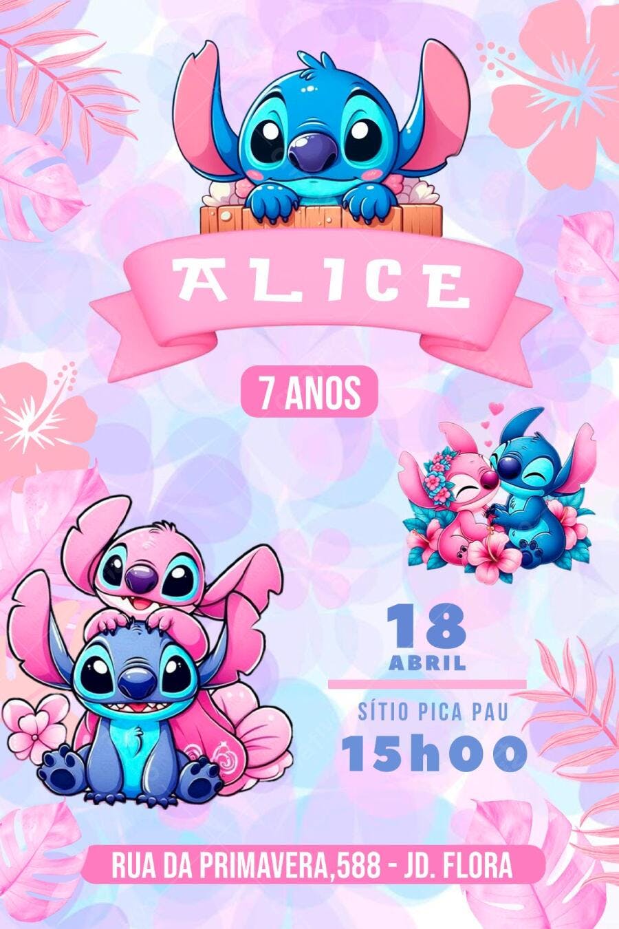 Convite de Aniversário Infantil Stitch Rosa e Azul Editável no Canva