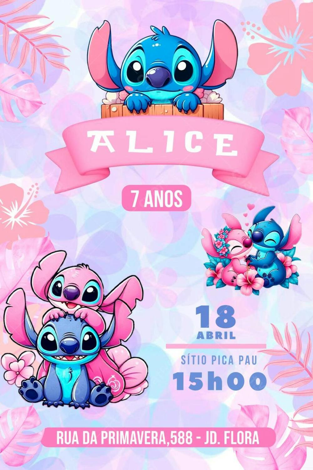 Convite de Aniversário Infantil Personalizado Disney Stitch e Angel Editável no Canva.