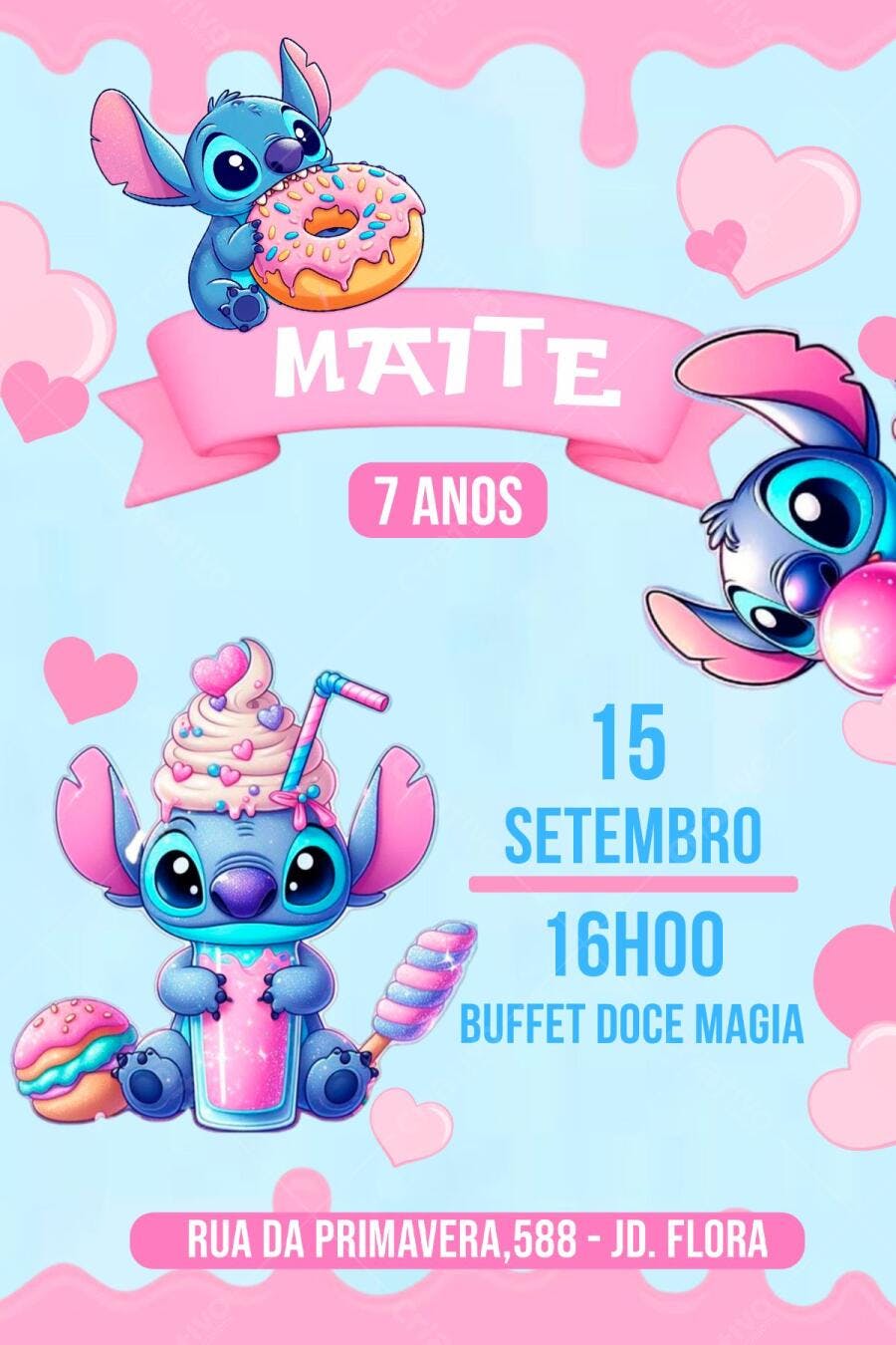Convite de Aniversário Infantil Stitch Rosa e Azul Editável no Canva