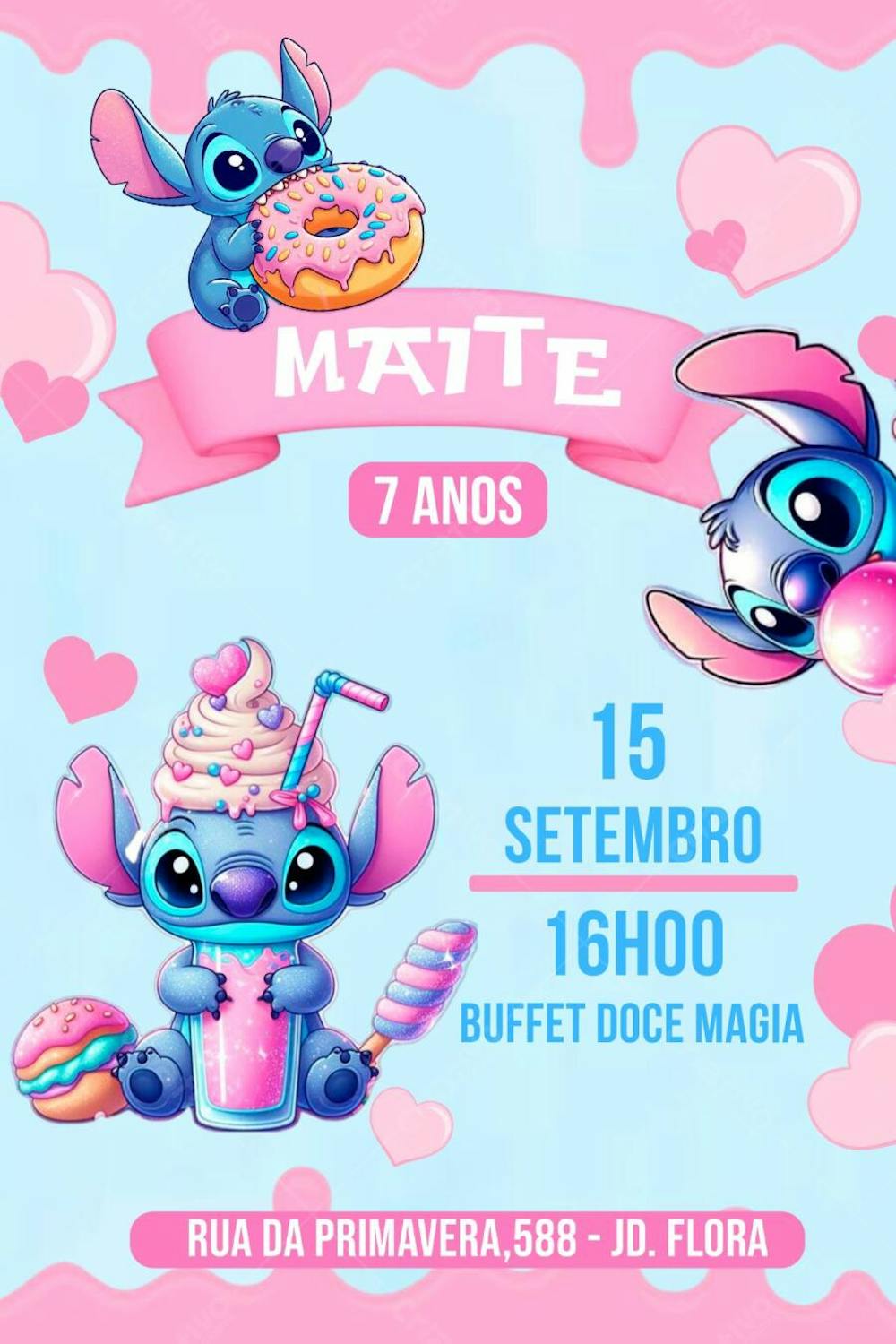 Convite de Aniversário Infantil Personalizado Stitch Confeiteiro Editável no Canva. 